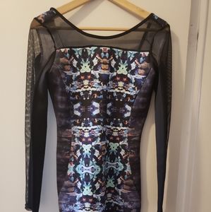 Patterned lycra dress with fishnet sleeves